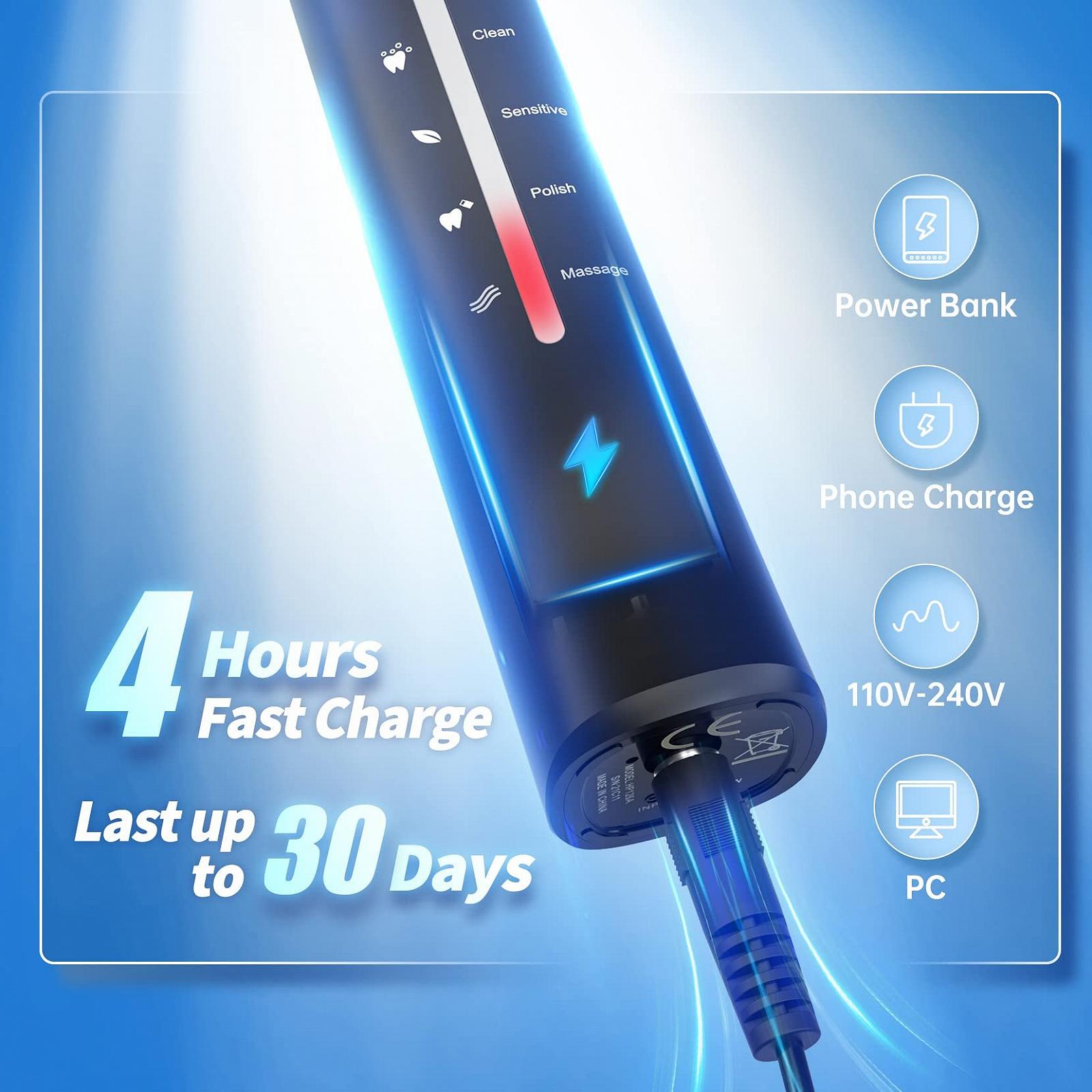 Електрична зубна щітка 2 шт. 40000 VPM 5 режимів 12 насадок 2 дорожніх чохла Чорна та Рожева, фото №5