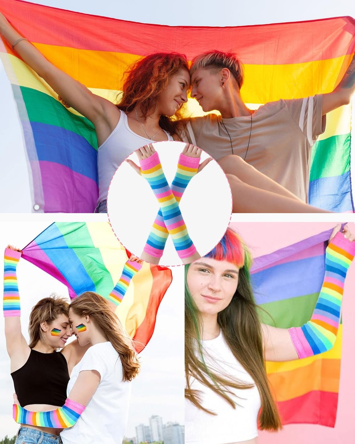 Комплект женских гольфов в радужную полоску и перчаток без пальцев, полосатые гетры, перчатки без пальцев, набор для карнавала, фото №5