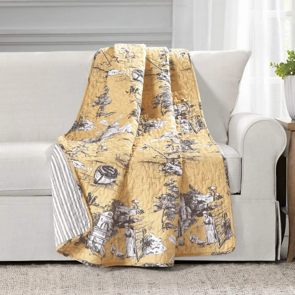 Покрывало Хлопковое Двустороннее Lush Decor French Country Toile Желтый/Серый, 152 x 127 см, фото №1