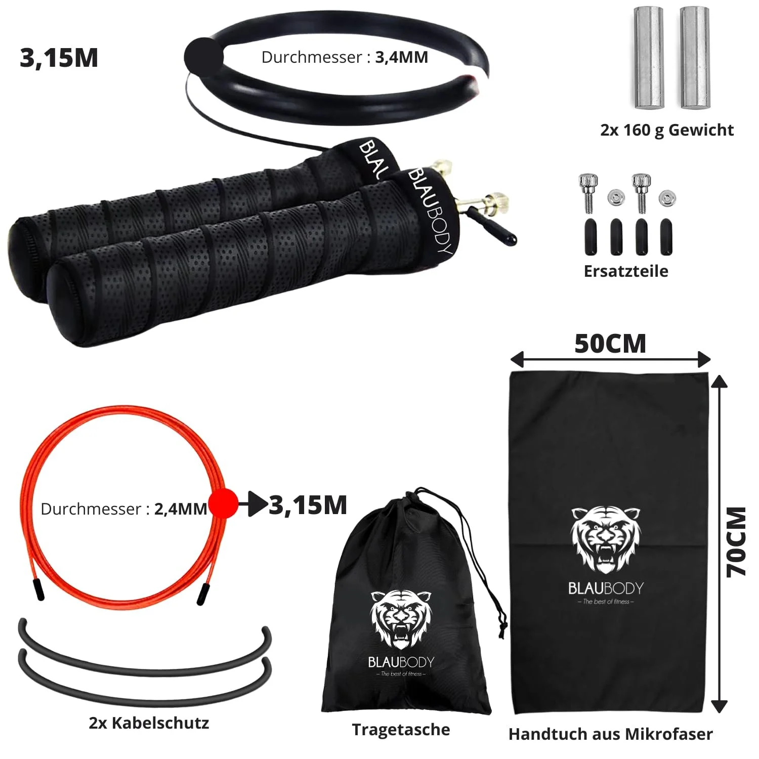 Скакалка BLAUBODY Adjustable 2 x 160 г з підшипниками та рушником із мікрофібри, фото №4 Скакалка BLAUBODY Adjustable 2 x 160 г з підшипниками та рушником із мікрофібри, фото №4