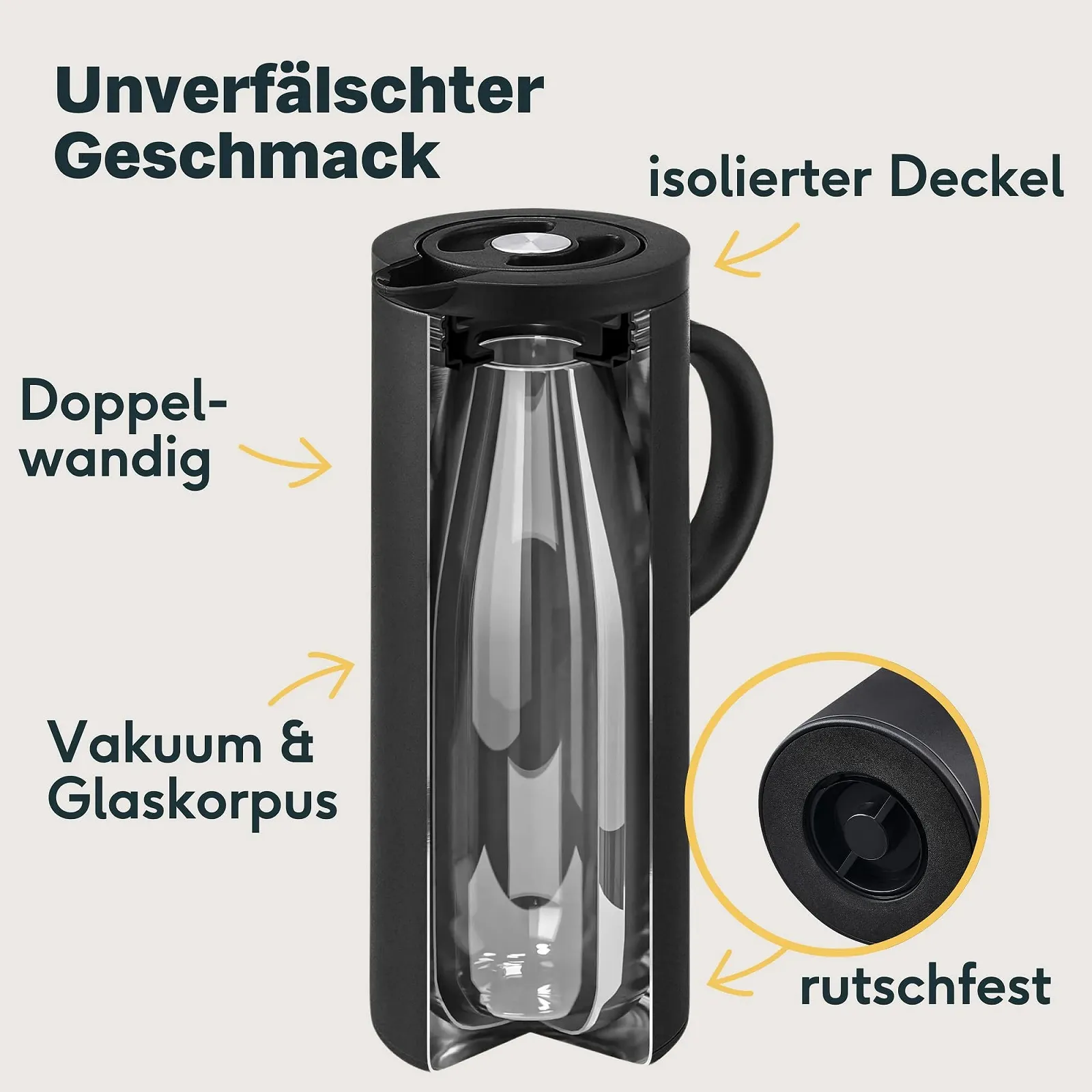 Термос для кави та чаю Silberthal 1-L з нержавіючої сталі з подвійними стінками та скляною підкладкою, чорний, фото №3