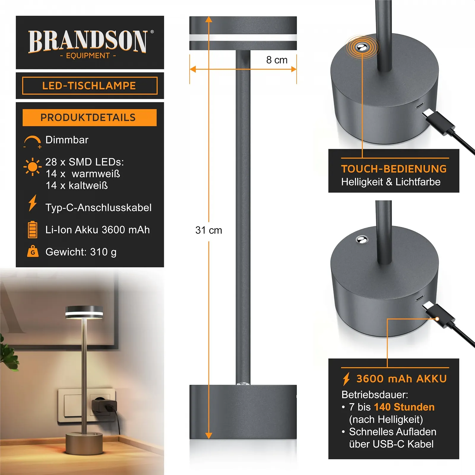 Настільна лампа світлодіодна Brandson бездротова з димуванням 3 режими освітлення акумулятор 3600 мАг 28 SMD LED компактна, фото №2