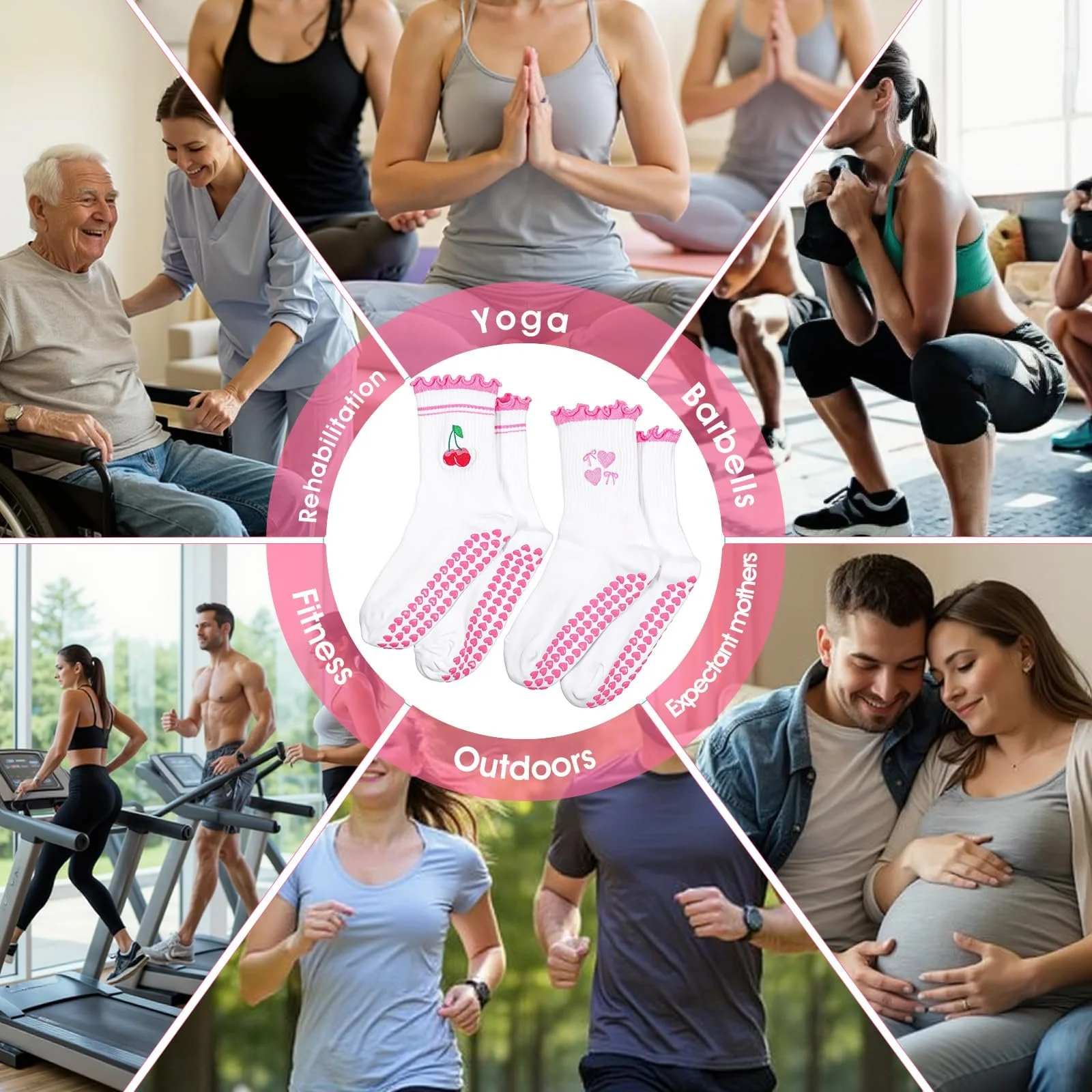 Носки для пилатеса с фруктовым мотивом, нескользящие, 2 шт. Бело-розовые (S-XXL), фото №7