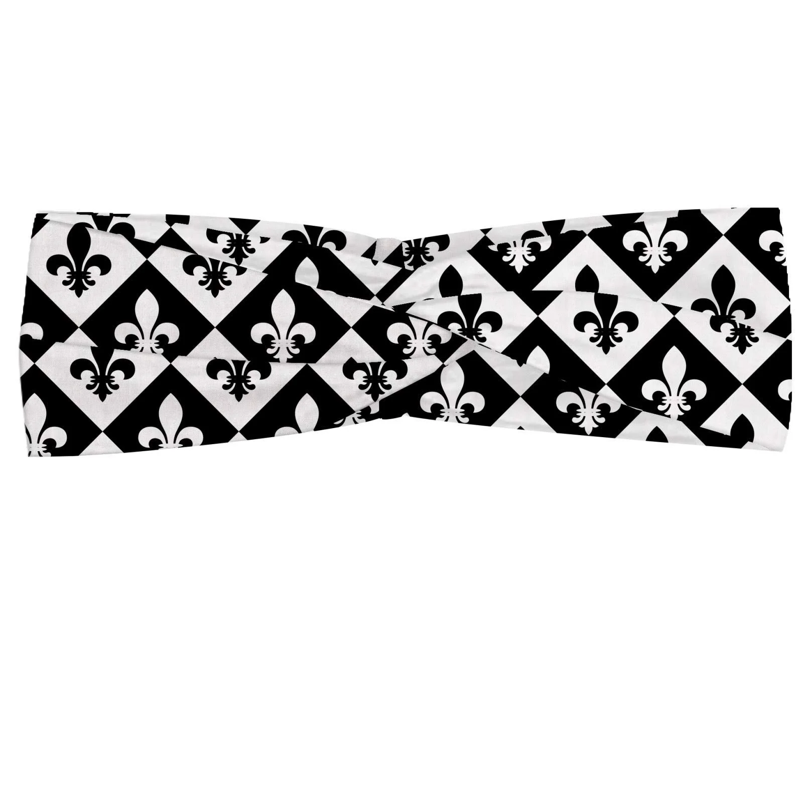 Пов'язка-бандана ABAKUHAUS Fleur De Lis, картатий візерунок, прямокутники, європейський герб, монохромна емблема, еластична та зручна, чорний/білий, фото №1