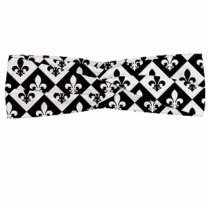 Повязка-бандана ABAKUHAUS Fleur De Lis, клетчатый узор, прямоугольники, европейский герб, монохромная эмблема, эластичная и удобная, черный/белый - Фото 1