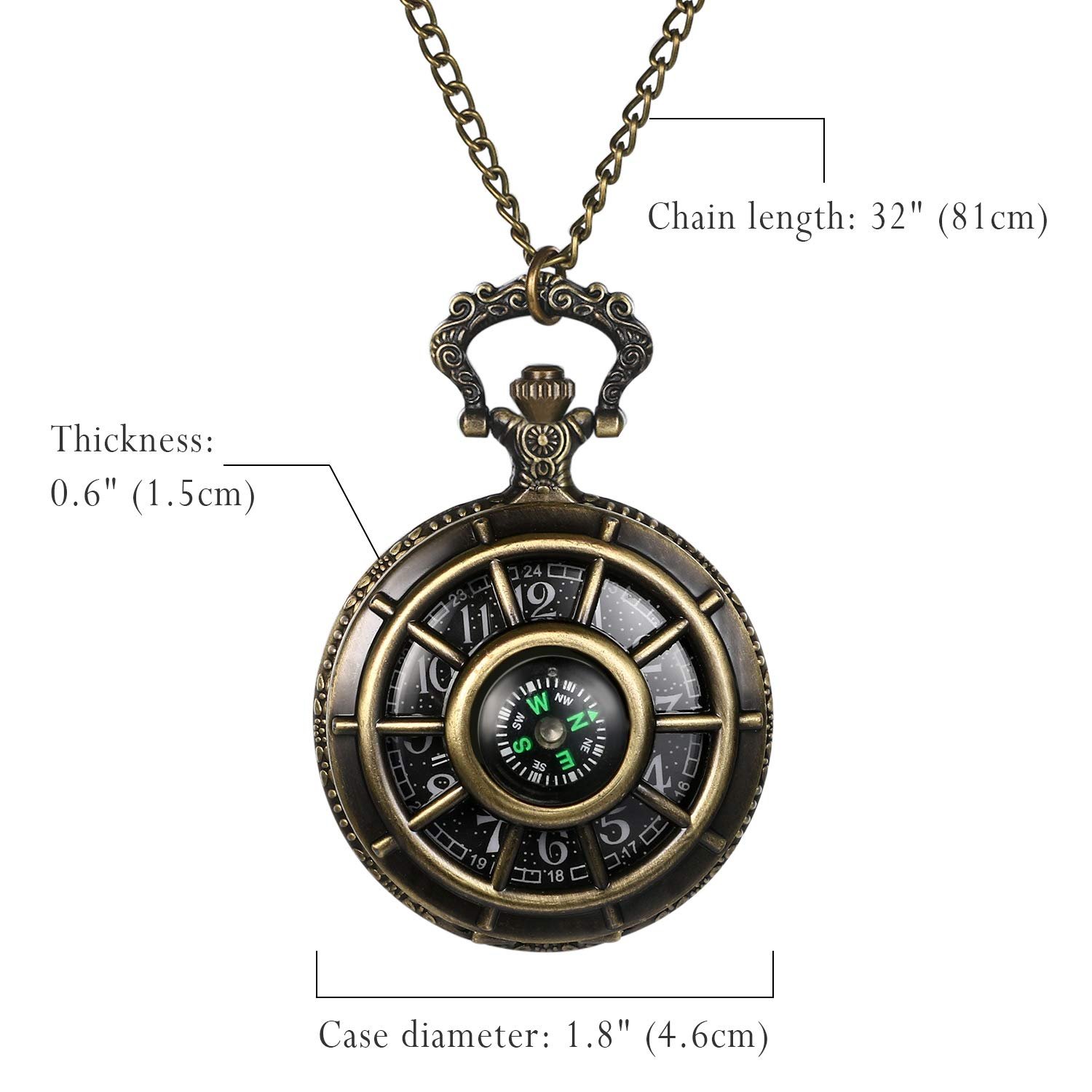 Карманные часы JewelryWe компас кварцевые аналоговые с цепочкой ожерельем, фото №5