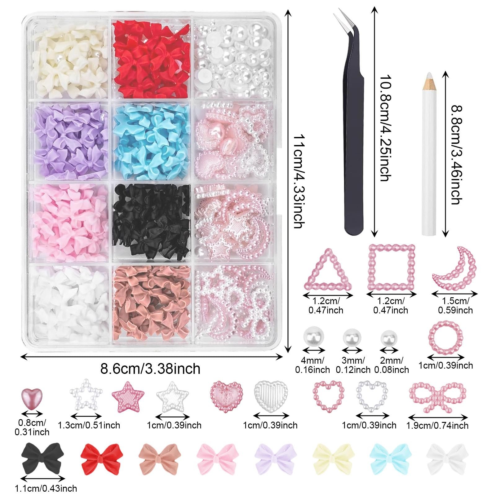 3D Подвески для ногтей AYNKH в форме бантиков, Различные формы, милые звезды, сердца, квадратные бусины, украшения для ногтей с инструментом для подбора для женщин и девочек, фото №2