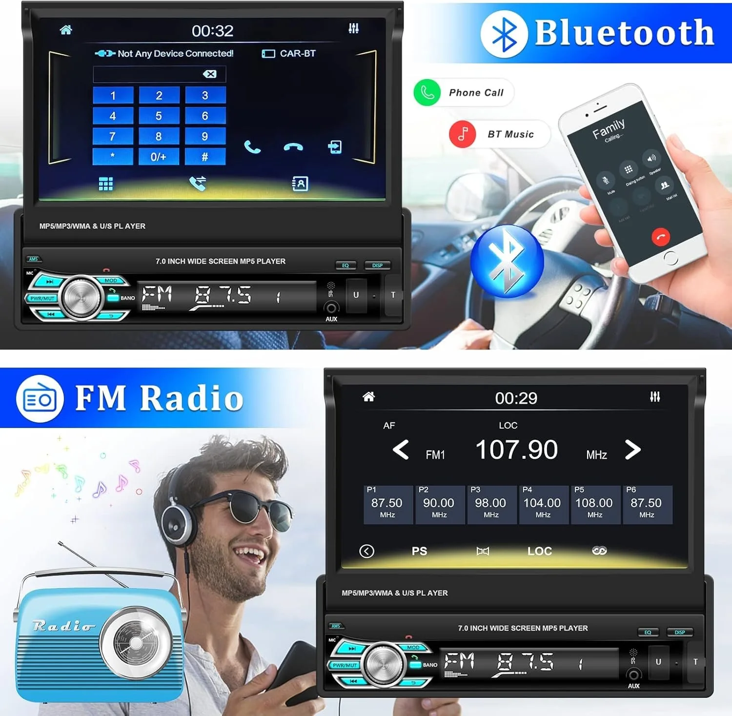 Автомагнітола CAMECHO Q3516A3 / 7" / Сенсорна / Apple CarPlay / Android Auto / Bluetooth / WI-FI / USB / AUX / SD slot / 1DIN, фото №3 Автомагнітола CAMECHO Q3516A3 / 7" / Сенсорна / Apple CarPlay / Android Auto / Bluetooth / WI-FI / USB / AUX / SD slot / 1DIN, фото №3