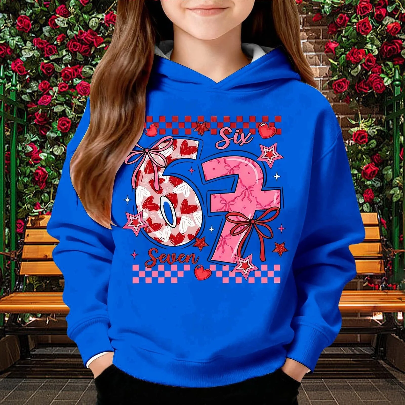 Худи Six Seven 67 Meme Детский Лонгслив Толстовка с капюшоном и принтом 67 ко Дню Святого Валентина Удобный Мягкий Свитшот Подростковая Уличная одежда Модный Джемпер для Мальчиков и Девочек, фото №3