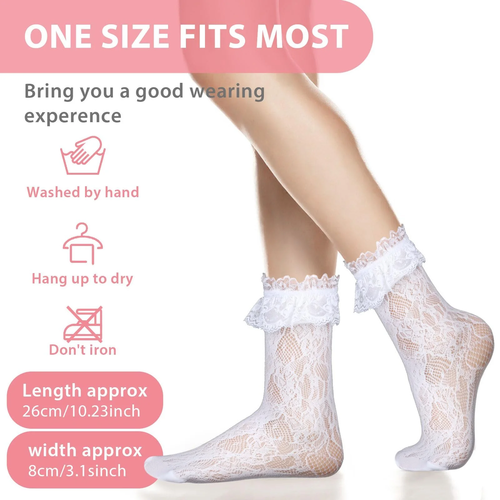 Женские носки с кружевом и рюшами Black + White, чёрный, белый, One size fits all, фото №4