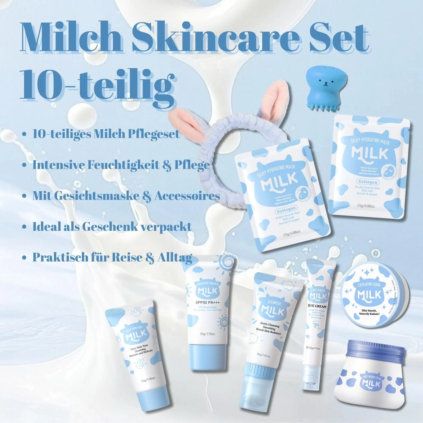 Подарочный набор для ухода за кожей с молоком для женщин, 10 предметов: увлажняющий набор для ухода за лицом с молочной маской, набор для очищения лица для девочек-подростков, фото №2