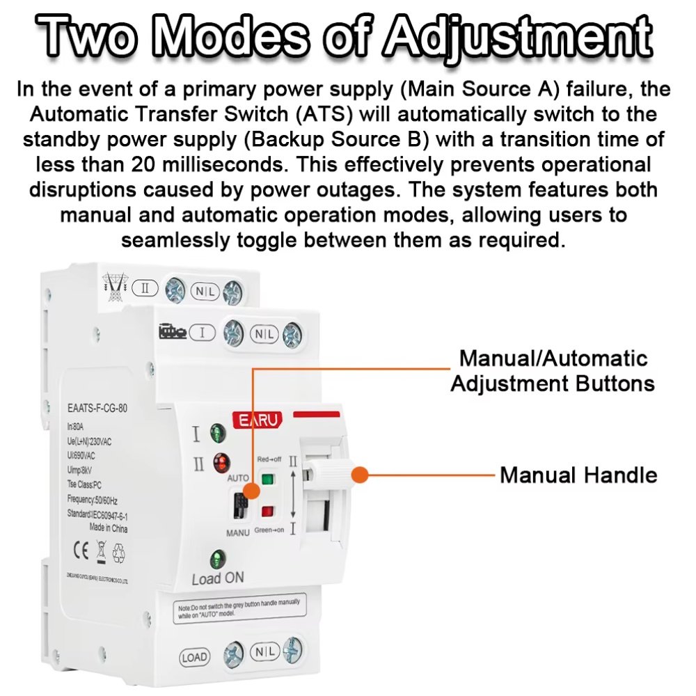 Автомат введення резерву EARU EAATS-F-CG-80 2P 80A 230V АВР перемикач, фото №5