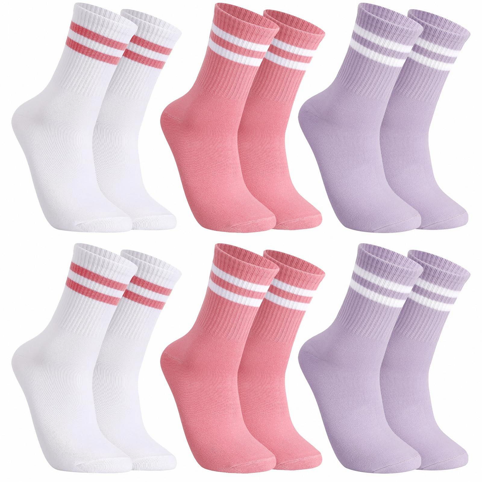 Теннисные носки 6 пар Спортивные носки Женские носки для бега Теннисные спортивные носки в полоску Хлопковые носки Носки до середины икры Рабочие носки Черный, Белый, Серый, фото №1