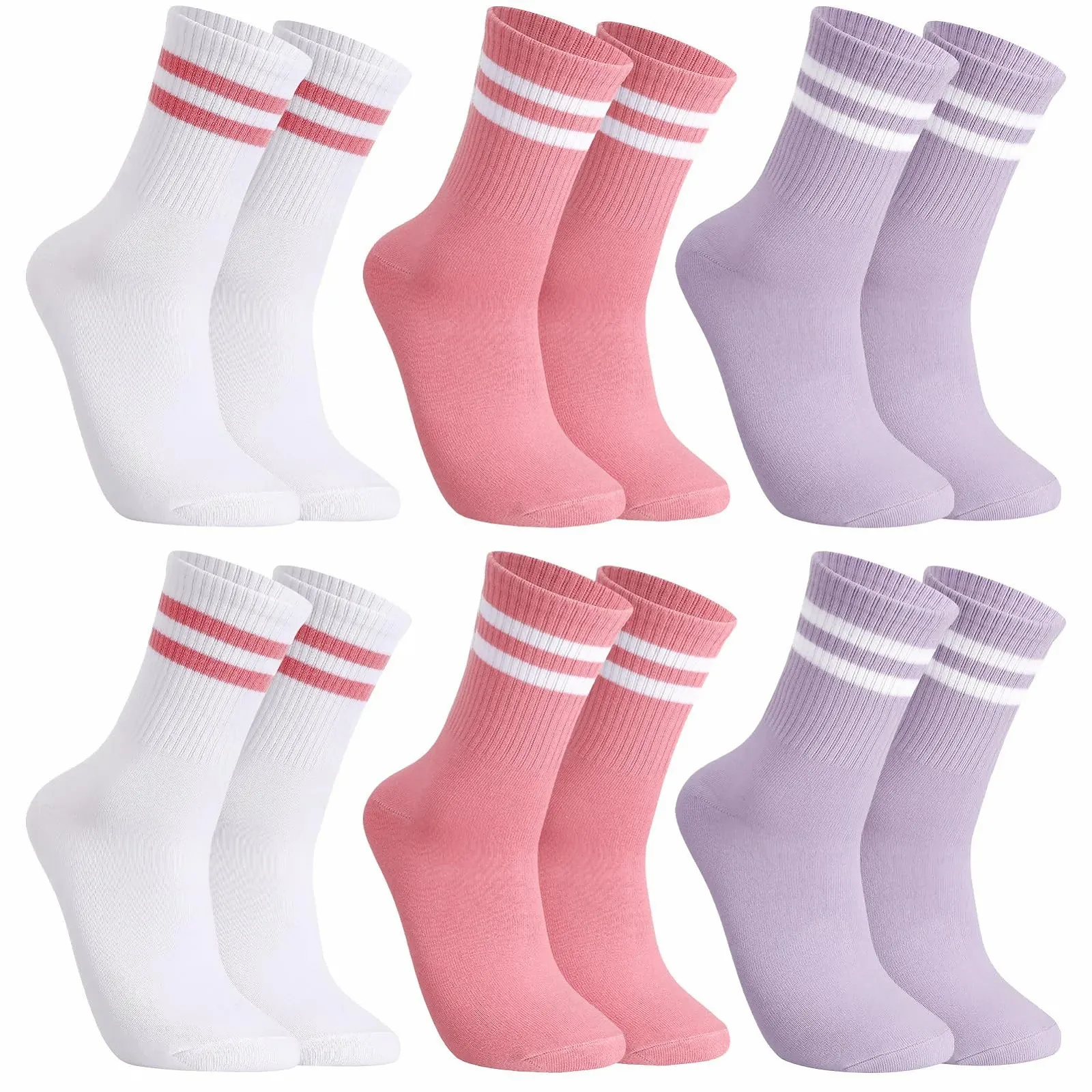 Теннисные носки 6 пар Спортивные носки Женские носки для бега Теннисные спортивные носки в полоску Хлопковые носки Носки до середины икры Рабочие носки Черный, Белый, Серый, фото №1