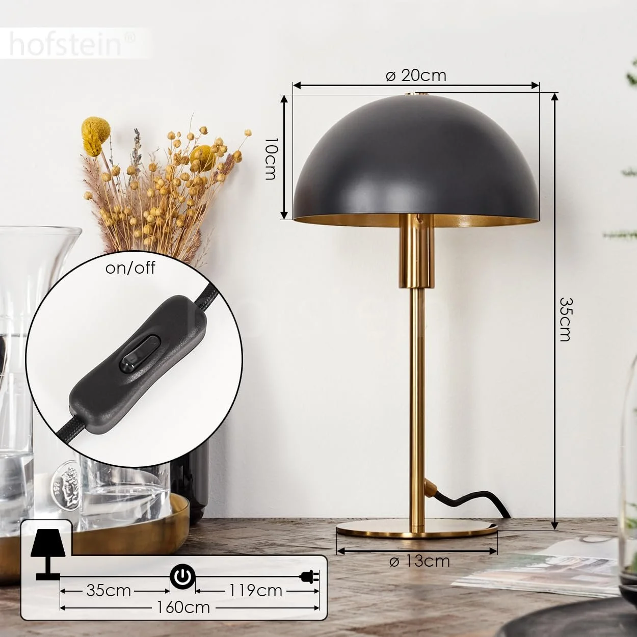 Настільна лампа Tati сучасна металева ретро/вінтаж 20 см висота 35 см вимикач на кабелі 1 x E14 чорна/латунь, фото №5