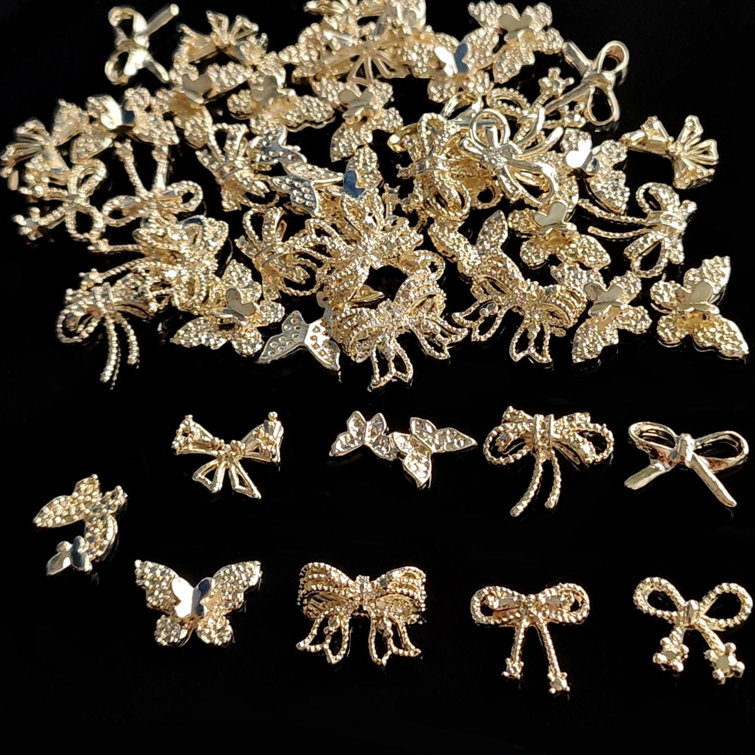 Шармы для ногтей, Набор из 50 шт. шармов для ногтей в виде бабочек, 3D золотые бантики для дизайна ногтей, 3D акриловый бантик, драгоценные камни для ногтей в виде бабочек для женщин, акриловые ногти, фото №4