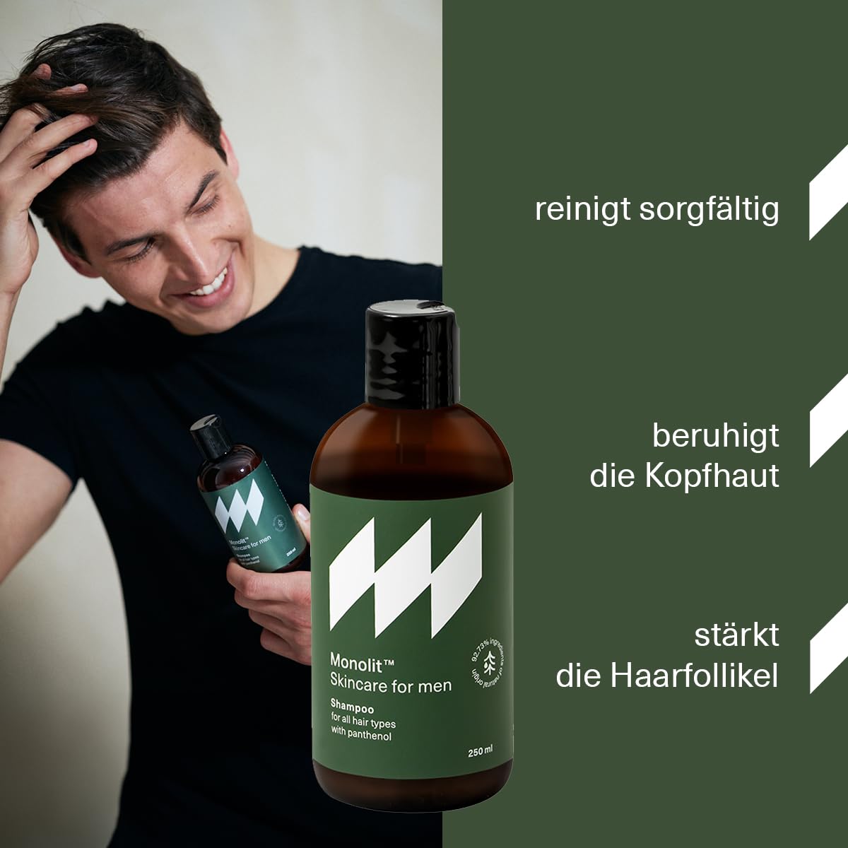 Шампунь Monolit для мужчин с Пантенолом Укрепление волос Уход за корнями волос Успокаивает кожу головы Пантенол Экстракт ромашки Эффективный эффект 250 мл, фото №2