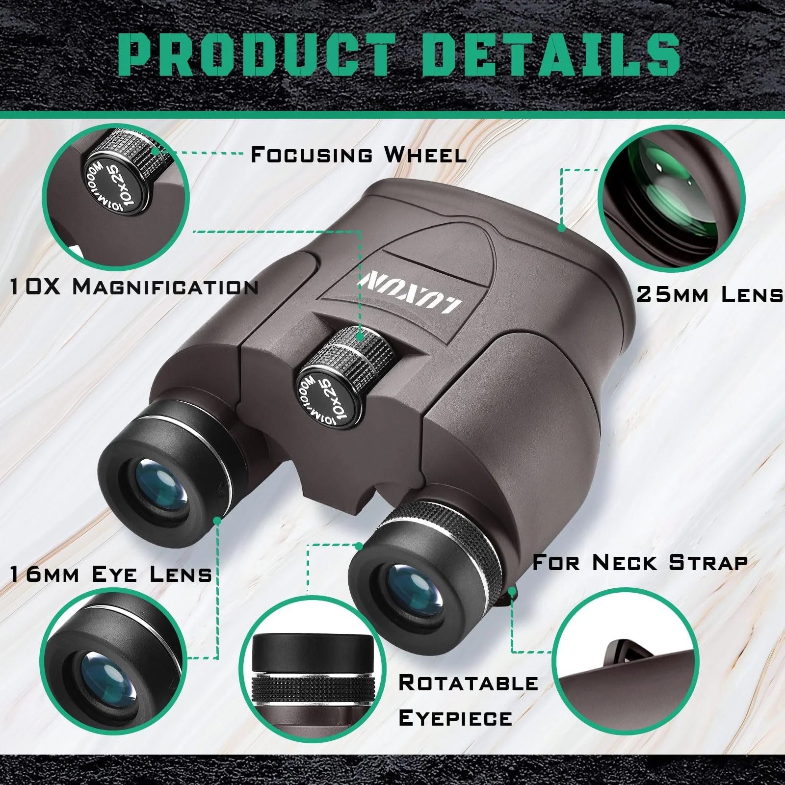 Бінокль LUXUN 10 x 25 Compact BAK4 Brown, фото №3