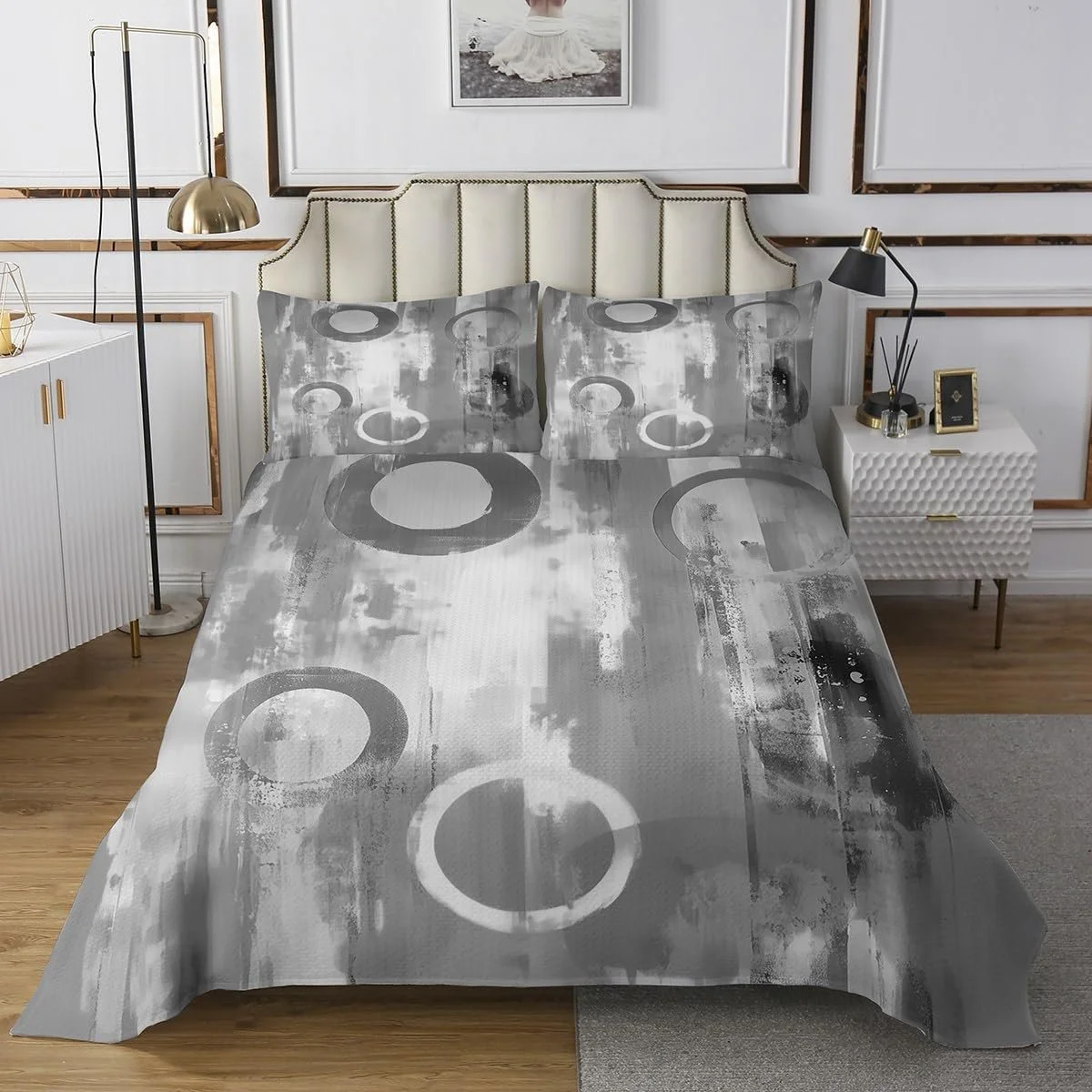 Покрывало Homewish 260 x 240 см Детское Серое Покрывало Двуспальное Для Взрослых Картина Маслом Современное Абстрактное Искусство Геометрическое Покрывало Белое 2 Наволочки 51 x 75 см, фото №2