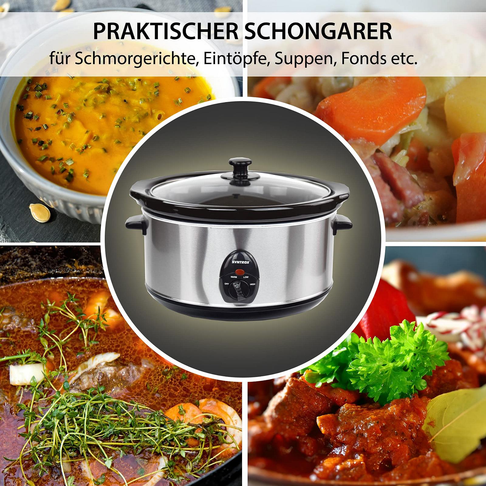 Мультиварка Syntrox Germany Slow Chef SC-450M_Deli 4,5 Літра з функцією підігріву, скляна кришка та міцна керамічна чаша - 280 Ват, Нержавіюча сталь, фото №3