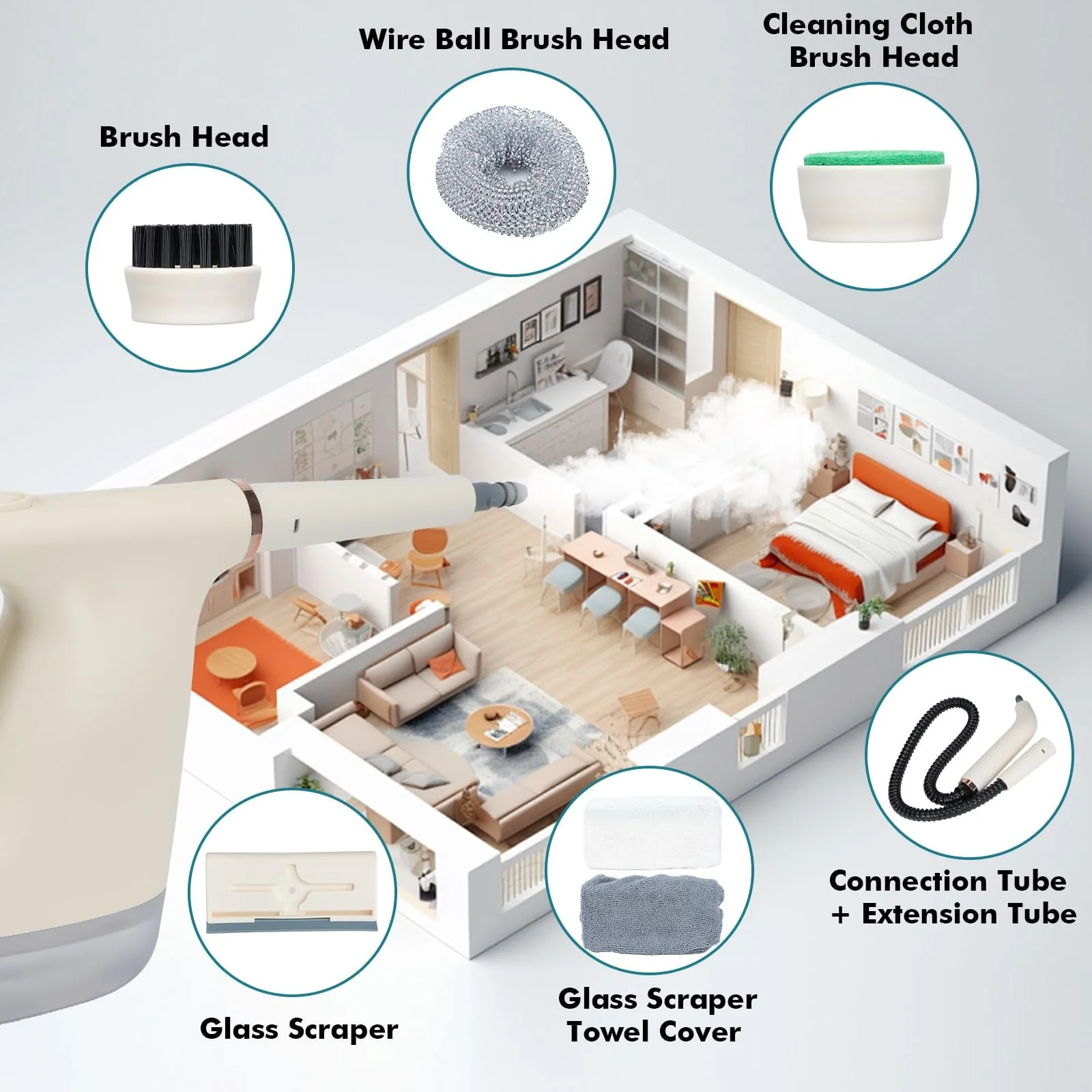 Ручний пароочисник 1200 Вт, резервуар 450 мл, багатофункціональний, 8 аксесуарів, фото №4