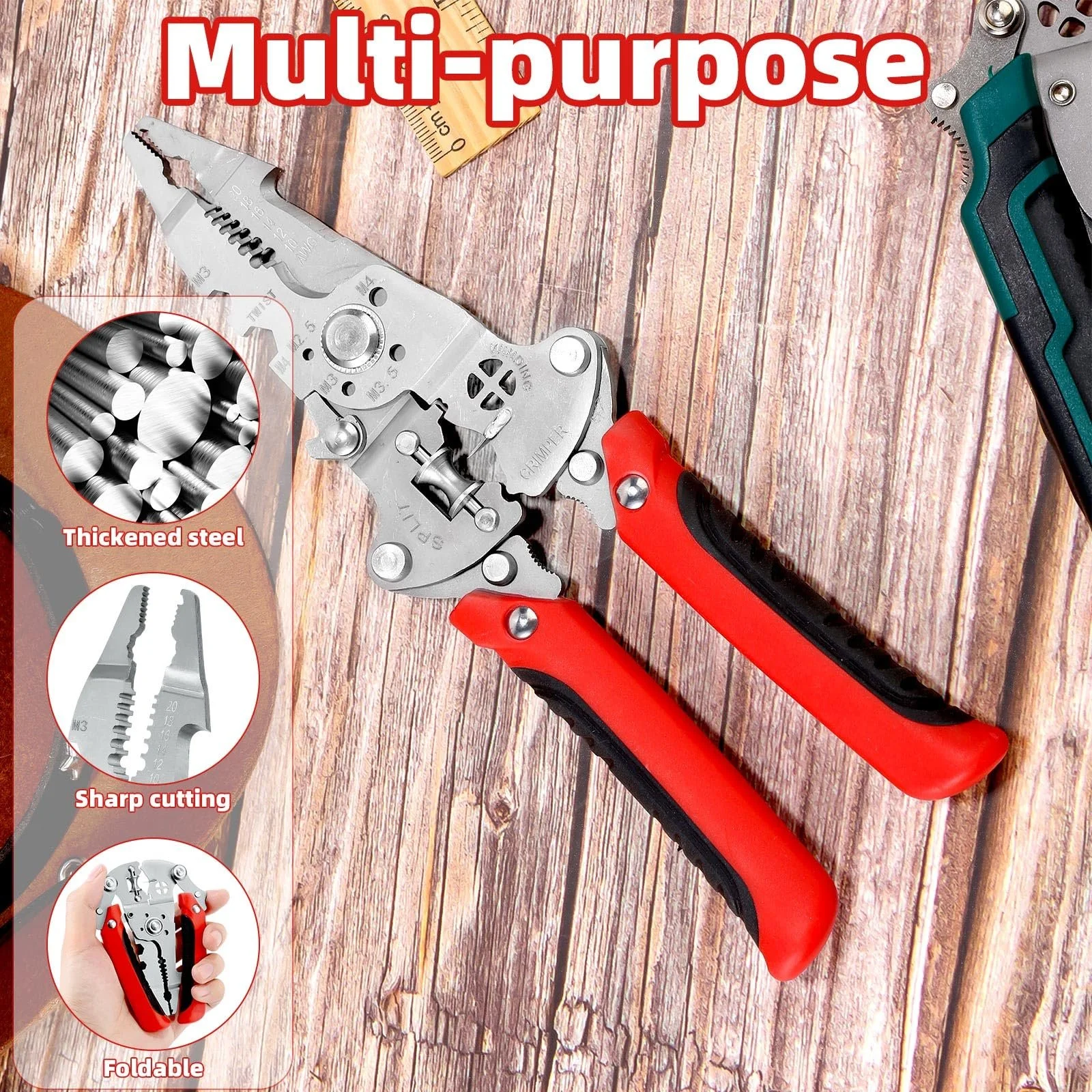 Складной многофункциональный стриппер для проводов Stainless Steel с функцией кримпера Red, фото №4