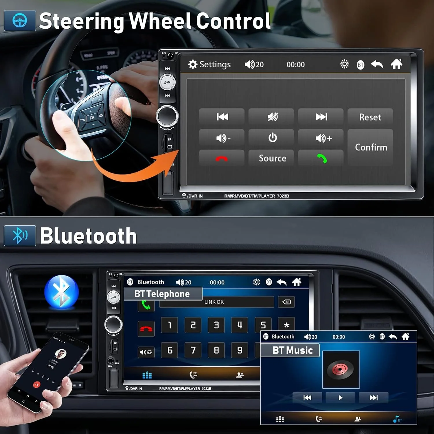 Автомагнітола CAMECHO / 7" / Сенсорна / Bluetooth / FM / USB / AUX / TF slot / 2DIN, фото №4 Автомагнітола CAMECHO / 7" / Сенсорна / Bluetooth / FM / USB / AUX / TF slot / 2DIN, фото №4