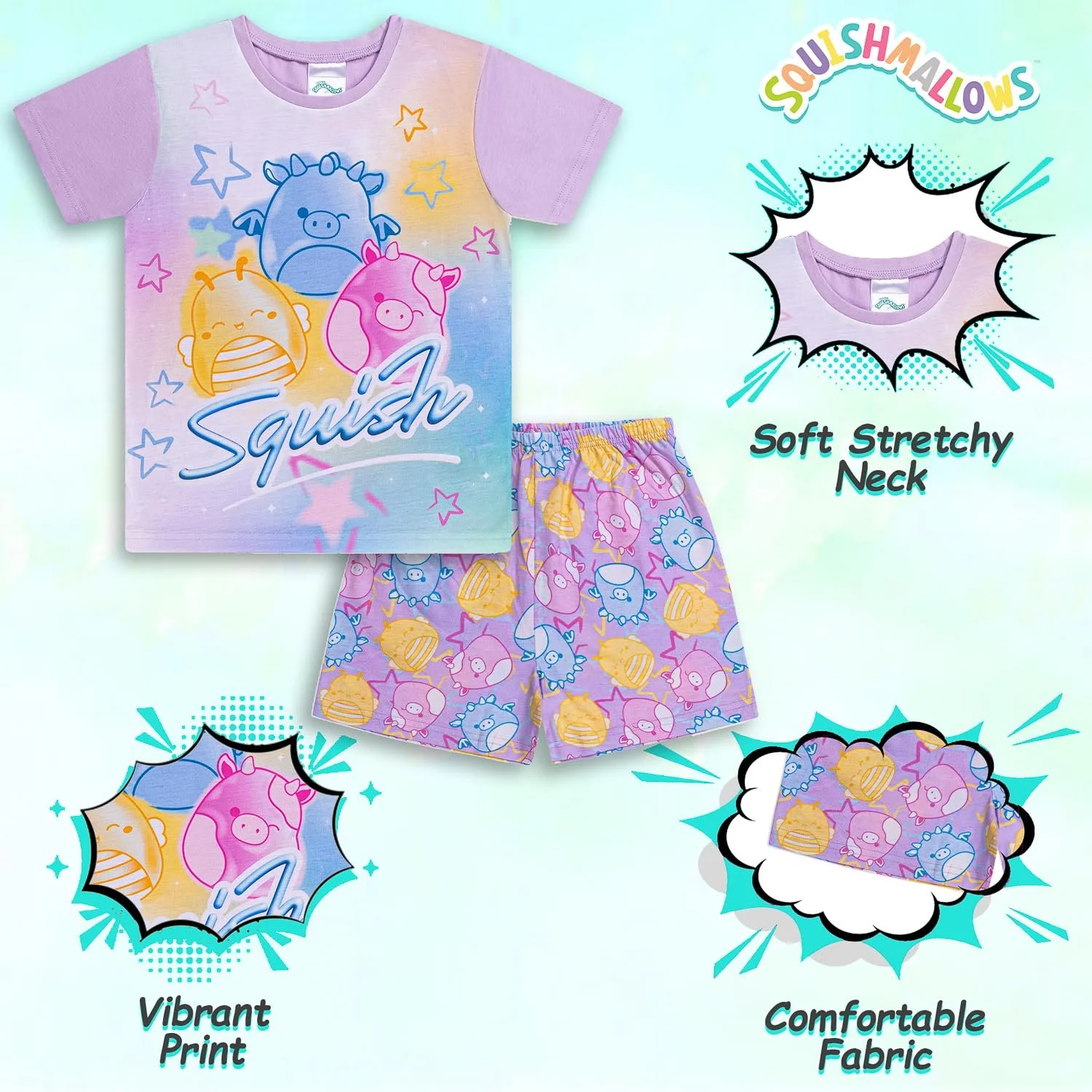 Пижама Squishmallows Squish Squad с шортами для девочек, фото №2 Пижама Squishmallows Squish Squad с шортами для девочек, фото №2
