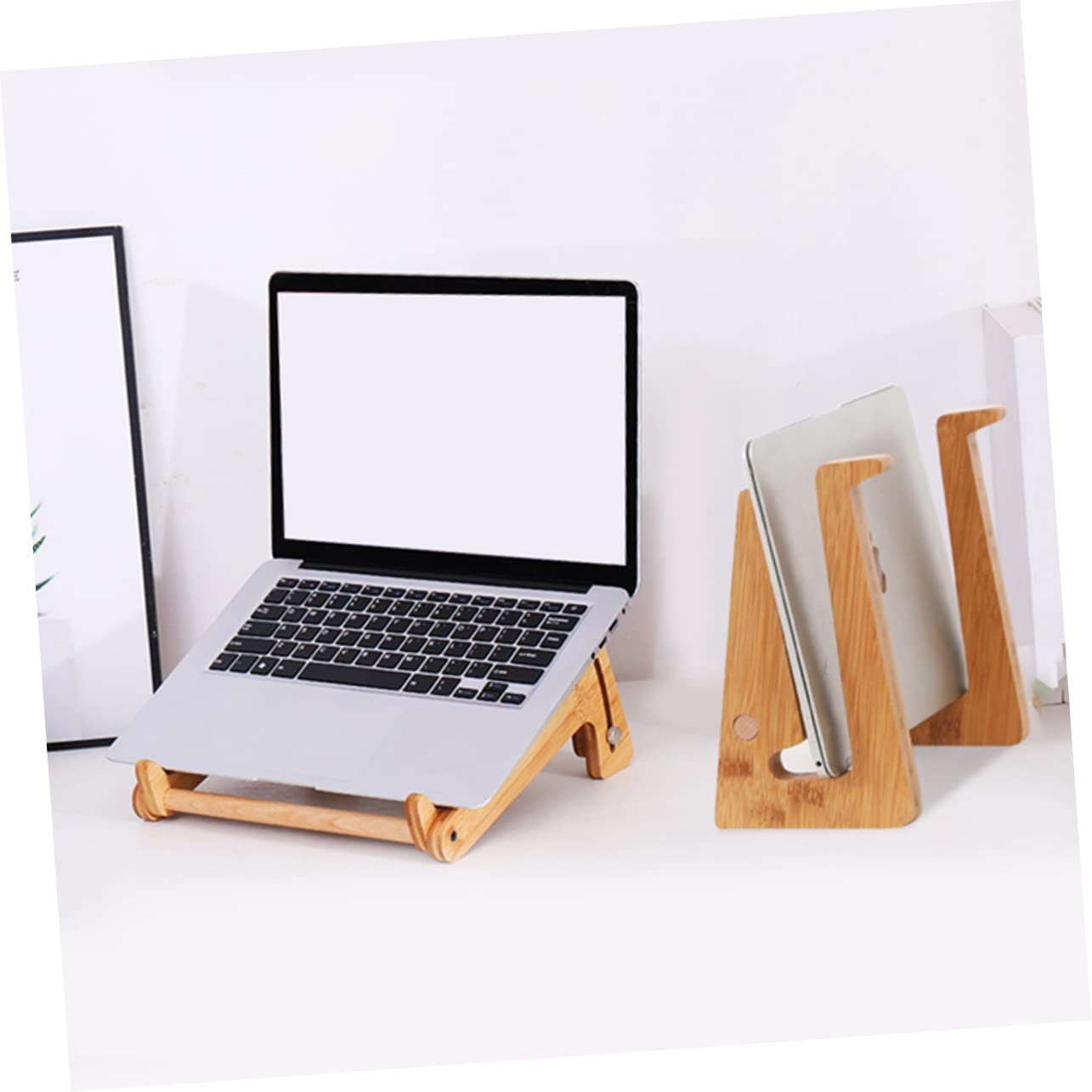 Вертикальна Підставка для Ноутбука Дерев'яна Регульована по Висоті Ергономічна з Полицею для Ручок Багатофункціональна, фото №6