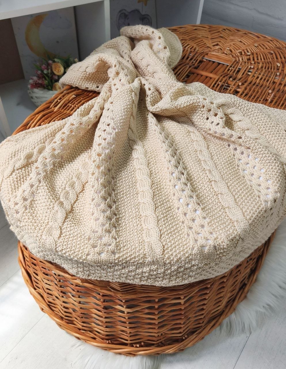 Детский вязаный плед с хлопковой подкладкой, 90 х 90 см, бежевый, фото №1