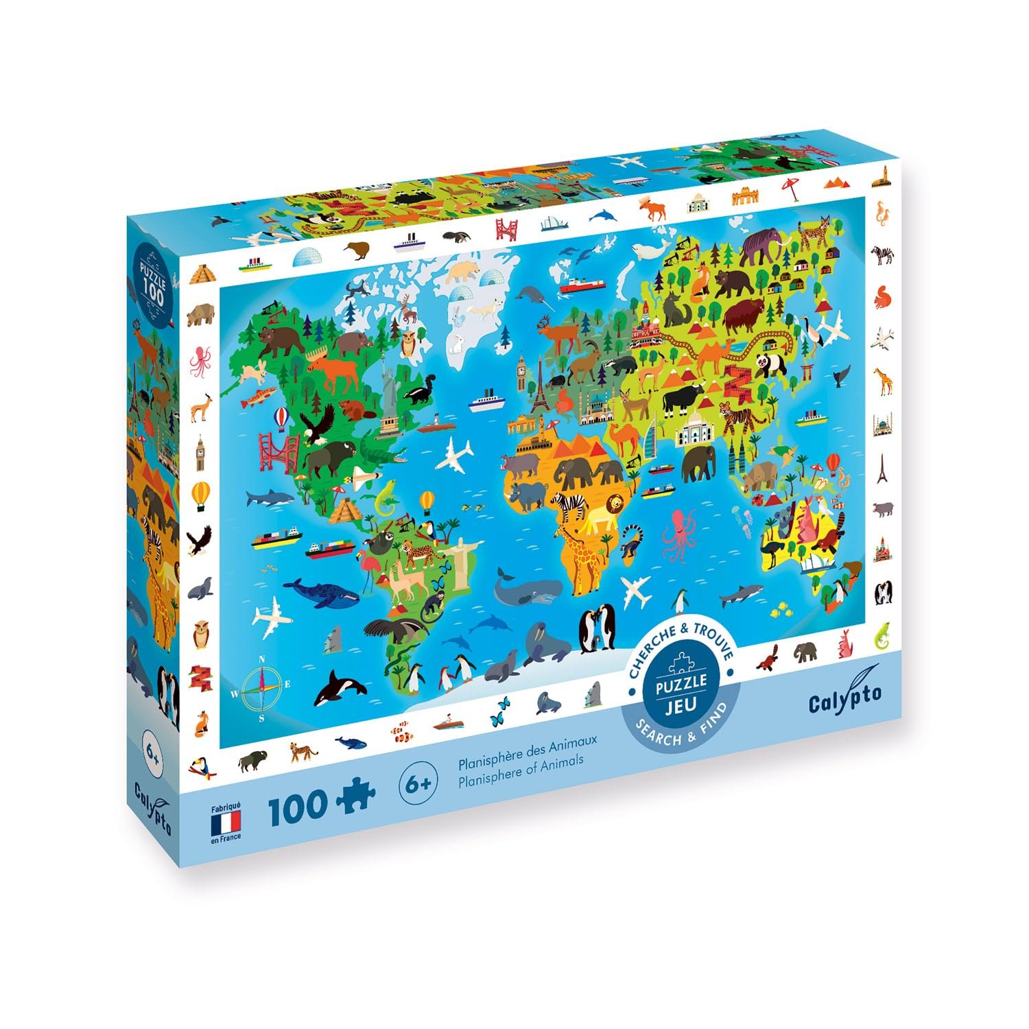 Пазл Calypto Animal World Map 3907501 100 XL елементів Soft Touch дитячий з оксамитовою поверхнею та грою-пошуком, фото №1