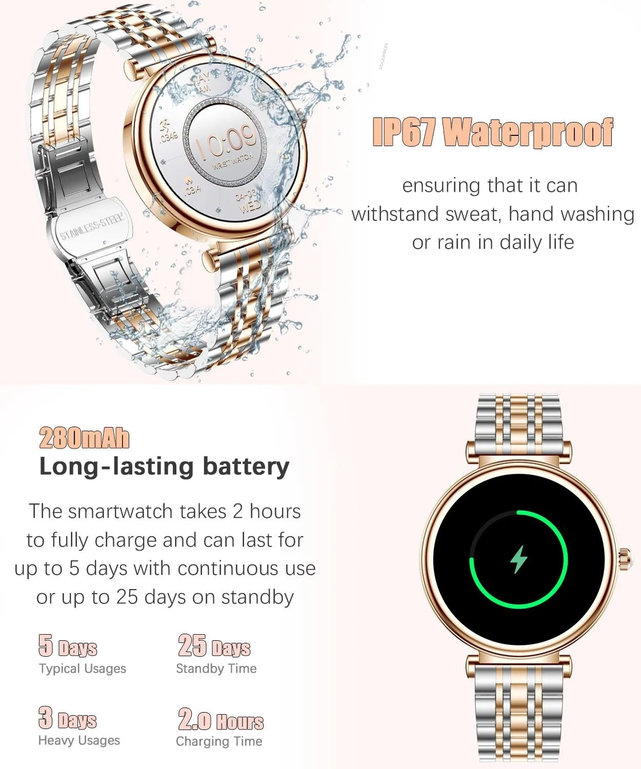 Смарт-часы женские RollsTimi 1.27-дюймовый цветной экран, монитор сердечного ритма и сна, водонепроницаемый, для фитнеса, золотой (двухцветный), фото №5