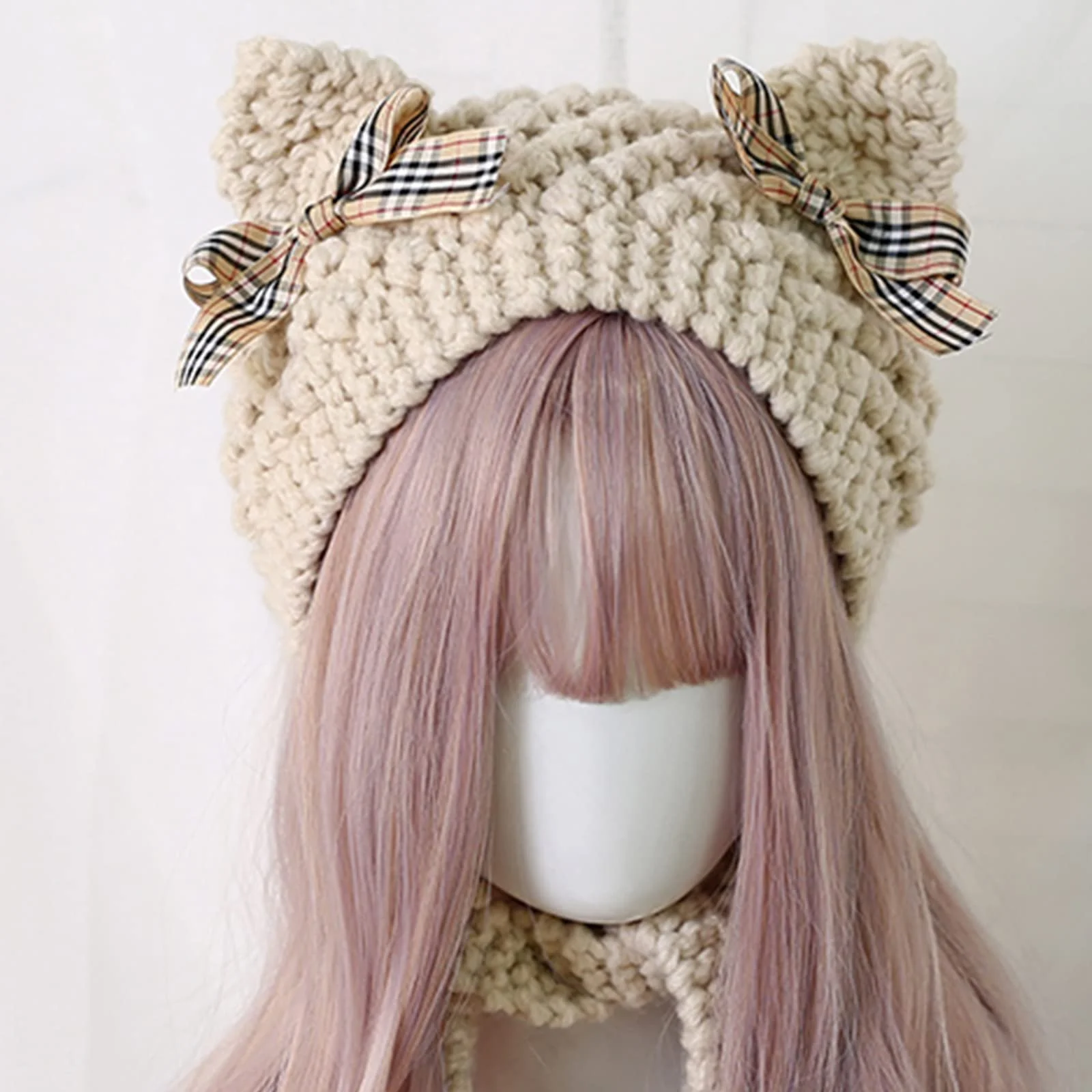 Вязаная шапка с кошачьими ушками и бантом, зимняя теплая шапка-ушанка, фото №4 Вязаная шапка с кошачьими ушками и бантом, зимняя теплая шапка-ушанка, фото №4