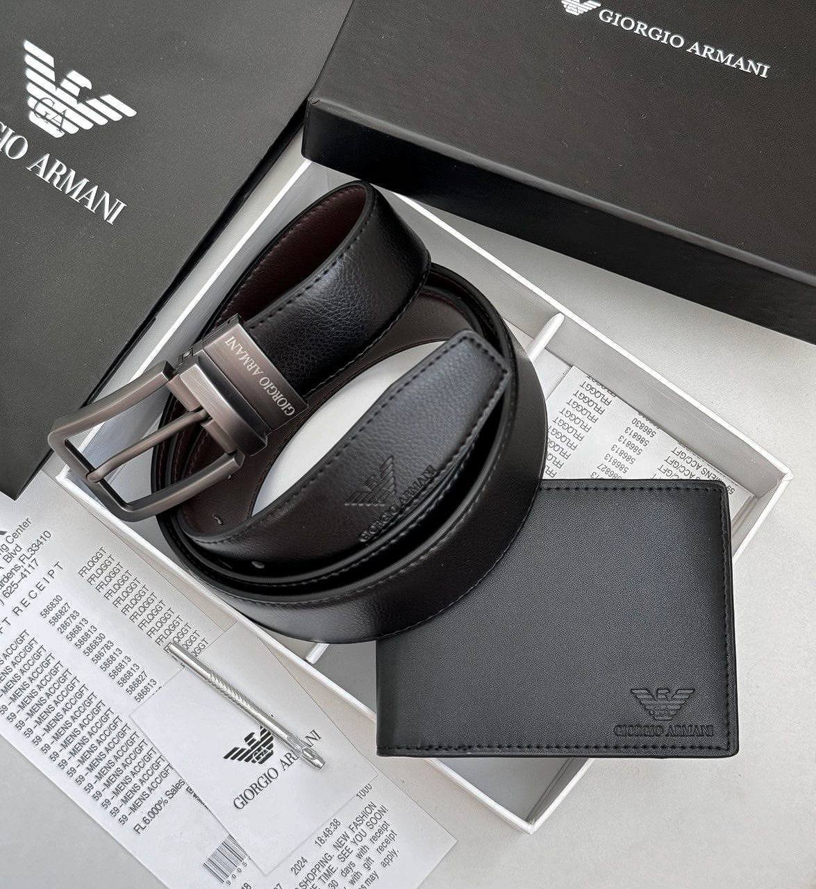 Подарунковий набір Armani чоловічий ремінь та гаманець з натуральної шкіри, фото №1