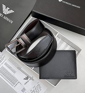 Подарунковий набір Armani чоловічий ремінь та гаманець з натуральної шкіри - Фото 1