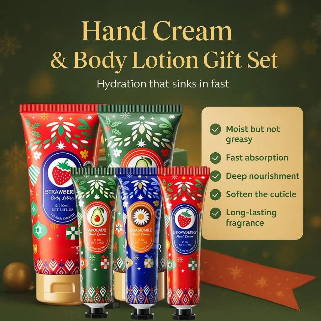 Набір подарунковий: крем для рук та лосьйон для тіла на Різдво, 2 x 100 мл крем для тіла та 3 x 30 мл крем для рук, фото №3 Набір подарунковий: крем для рук та лосьйон для тіла на Різдво, 2 x 100 мл крем для тіла та 3 x 30 мл крем для рук, фото №3