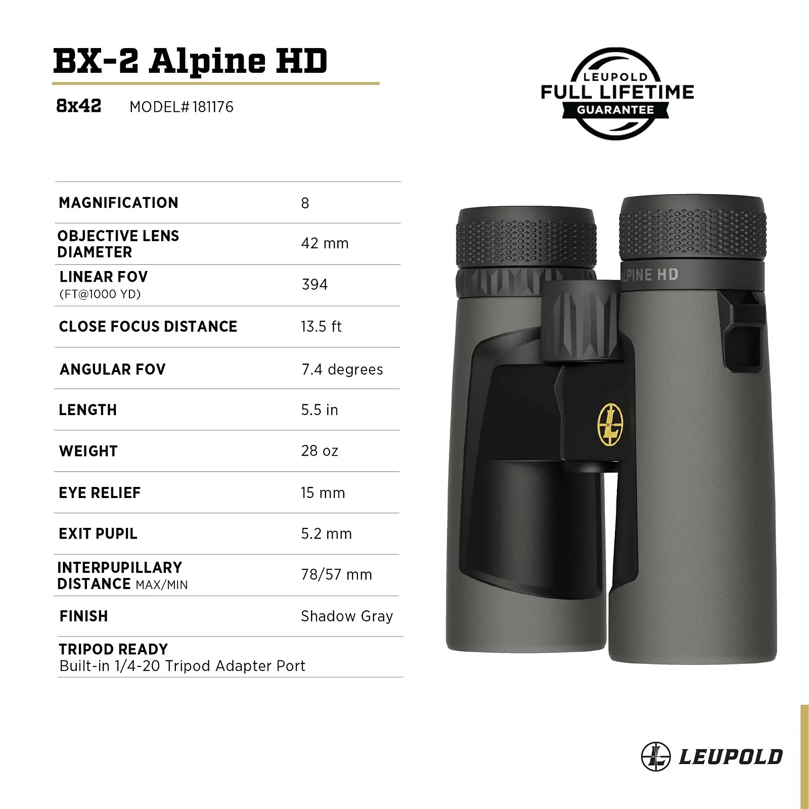 Бінокль Leupold BX-2 Alpine HD 8x42 мм Shadow Grey, фото №4