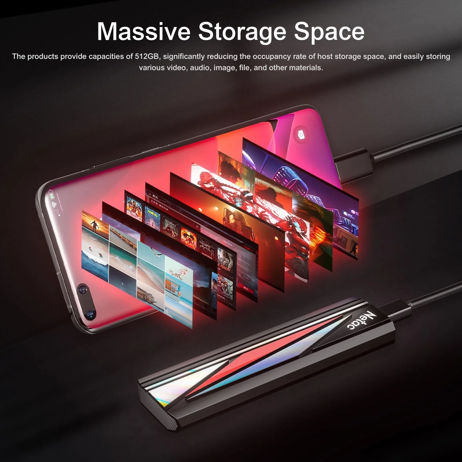 Зовнішній SSD Netac 512GB USB 3.2 Gen2X2 2000 MB/s Чорний/Червоний/Сріблястий, фото №2