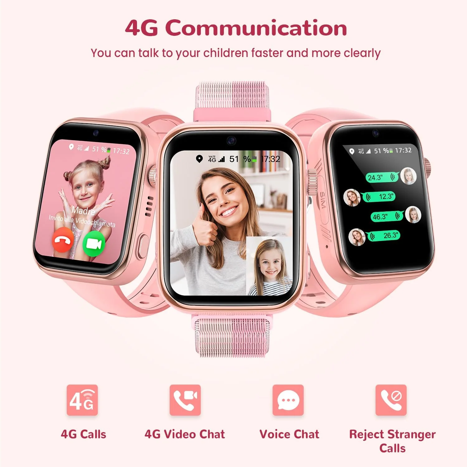 Детские Smartwatch 4G с видеозвонком и телефоном, IP68 водонепроницаемые, голосовой чат, WhatsApp, WiFi, GPS, SOS, SMS, школьный режим, шагомер, будильник сна для девочек, фото №3