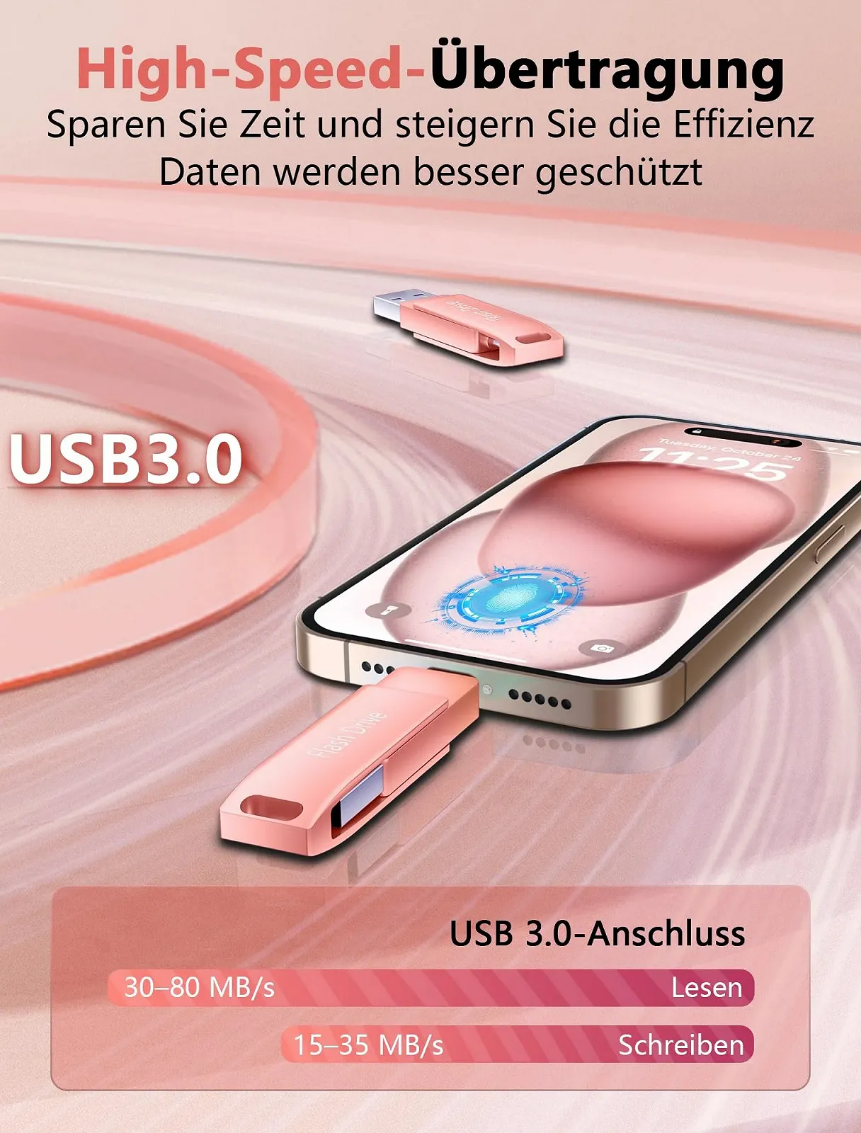 USB-флеш-накопичувач 512GB MFi Certified USB 3.0 Lightning 3-in-1 Pink, фото №5 USB-флеш-накопичувач 512GB MFi Certified USB 3.0 Lightning 3-in-1 Pink, фото №5