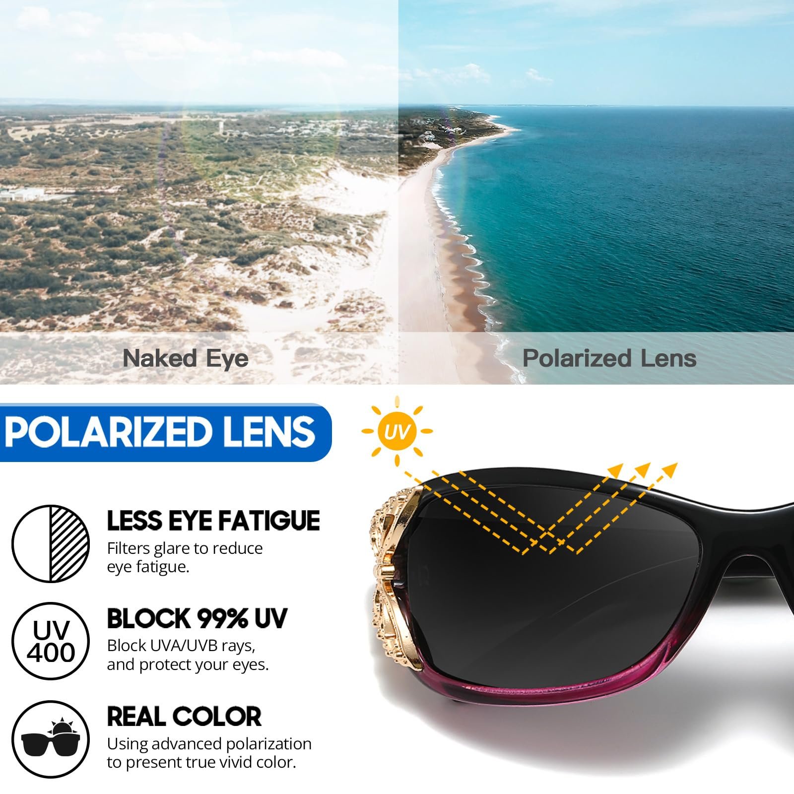 Сонцезахисні окуляри Жіночі Myiaur, 2 шт., поляризовані, захист UV400, облягаюча оправа, прикраса у вигляді метелика, фото №5