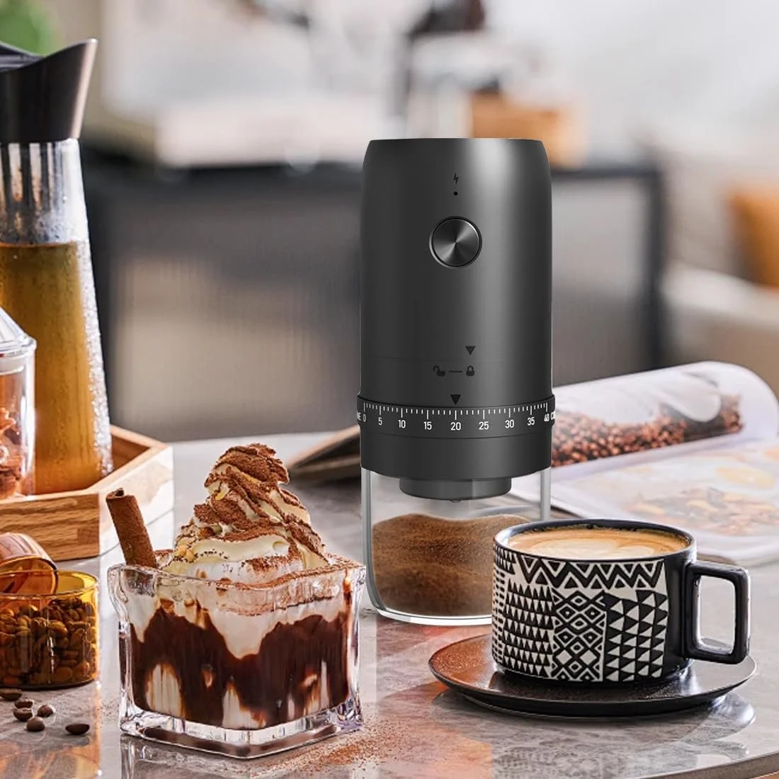 Електрична кавомолка RANJIMA Портативна з 40 налаштуваннями помелу, керамічним сердечником для подорожей, кемпінгу, офісу, еспресо, фото №6