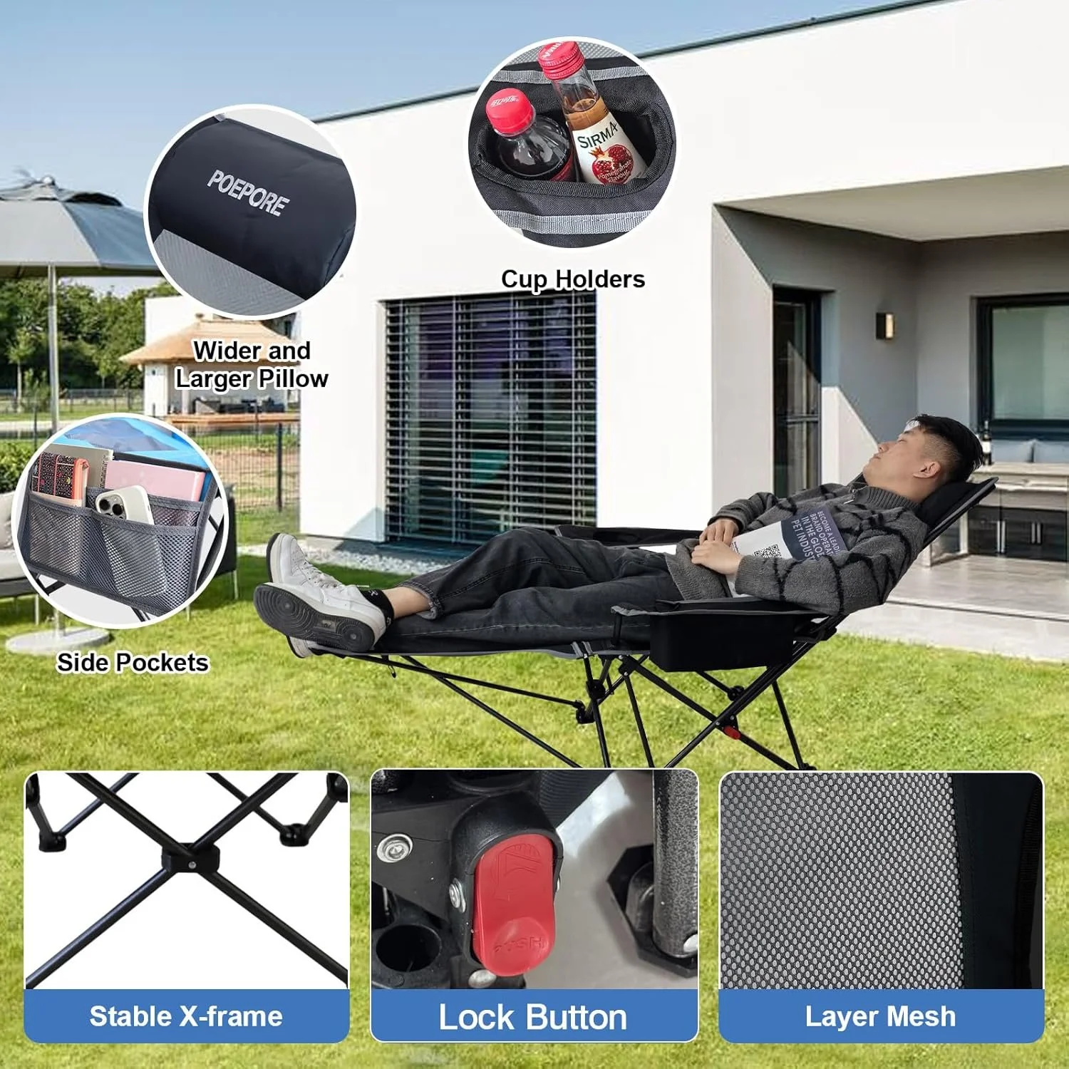 Розкладне крісло для кемпінгу POEPORE / 2 шт. / до 120 кг / Чорно-сірий, фото №4 Розкладне крісло для кемпінгу POEPORE / 2 шт. / до 120 кг / Чорно-сірий, фото №4