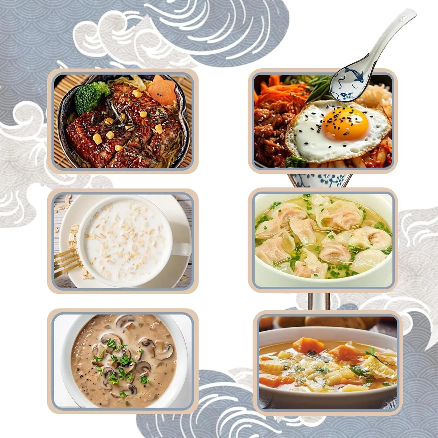 Ложка для супу керамічна 4 шт. з унікальним візерунком для рамену, пельменів, рисової локшини, вонтонів, локшини та супів, фото №3