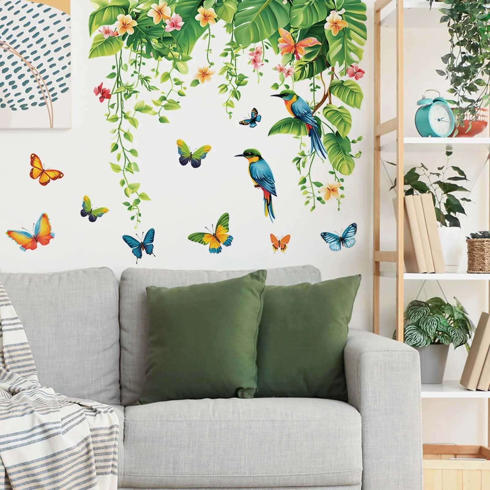 Настенная наклейка Листья и растения Зеленые тропические листья Цветы Птицы Бабочки, фото №3