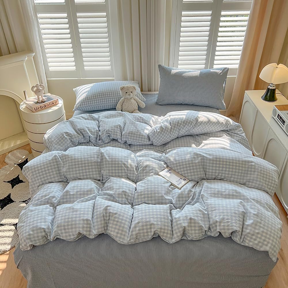 Постільна білизна Covebett 135 x 200 см, синьо-біла, в клітинку, сучасний комплект підодіяльника в стилі заміського будинку, геометричний картатий візерунок, з мікрофібри, праний, підодіяльник і наволочка 80 x 80 см на блискавці, фото №2