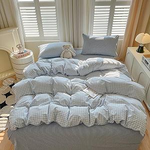 Постільна білизна Covebett 135 x 200 см, синьо-біла, в клітинку, сучасний комплект підодіяльника в стилі заміського будинку, геометричний картатий візерунок, з мікрофібри, праний, підодіяльник і наволочка 80 x 80 см на блискавці synthetic.ua - Фото 1