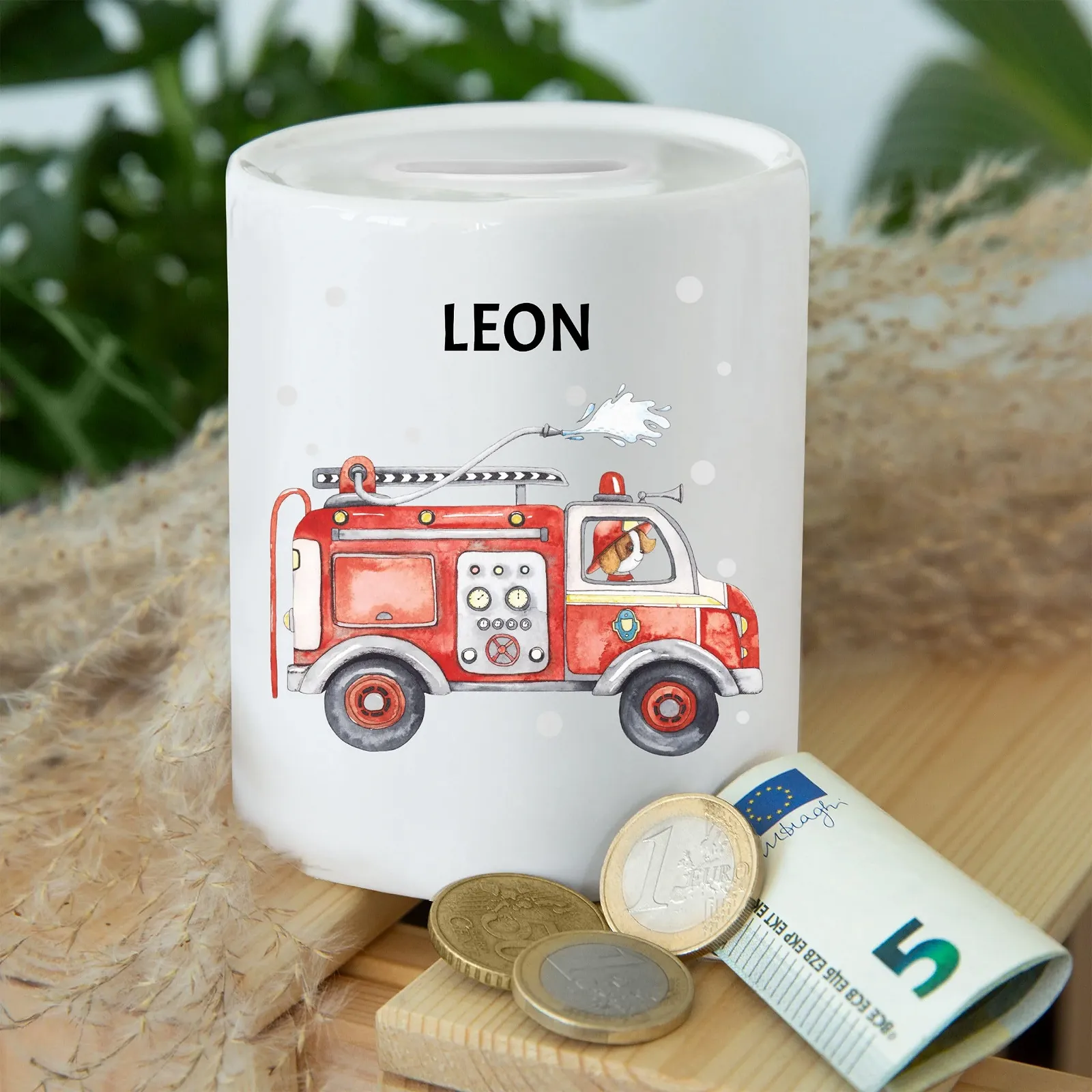 Скарбничка Пожежна машина 112 біла керамічна з гумовою пробкою, фото №5