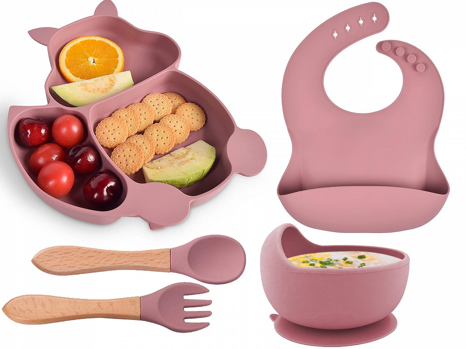 Набор детской посуды Hoseay Силиконовый 5 предметов Нескользящий Детская тарелка с присоской Миска Слюнявчик Ложка Вилка Моющийся Без BPA Розовый, фото №1 Набор детской посуды Hoseay Силиконовый 5 предметов Нескользящий Детская тарелка с присоской Миска Слюнявчик Ложка Вилка Моющийся Без BPA Розовый, фото №1
