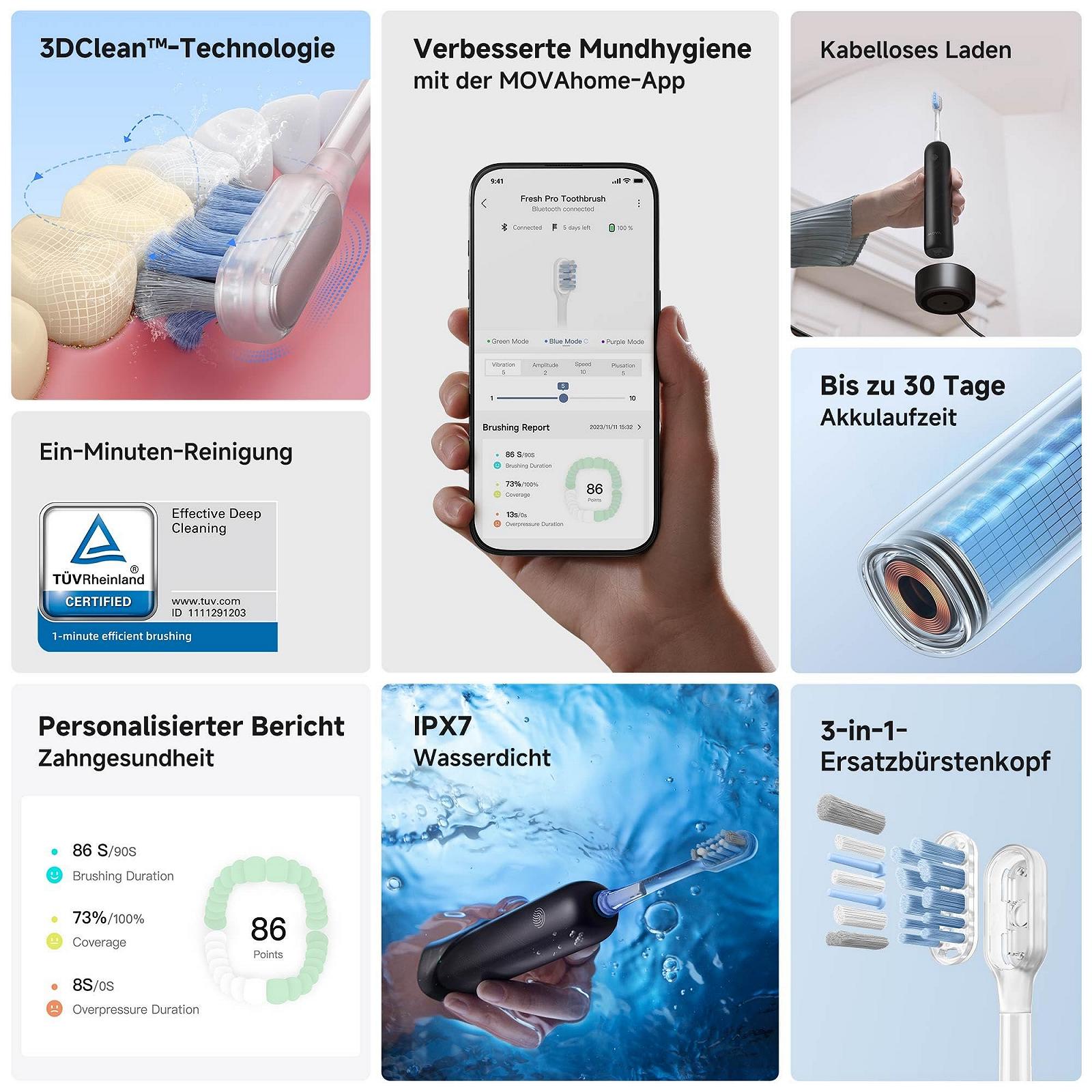 Зубная щетка электрическая MOVA Fresh Pro 3DClean™ для взрослых, звуковая, 2 насадки, дорожный чехол, сменная насадка 3-в-1 с держателем, работа от аккумулятора 30 дней, черная, фото №2